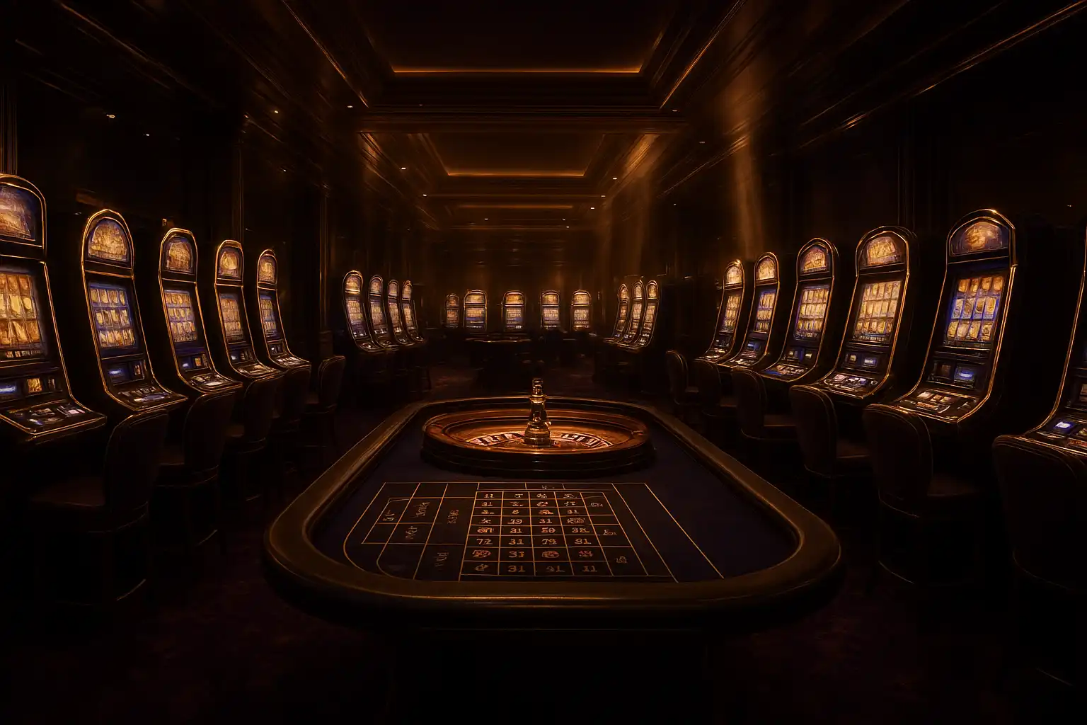 Luxurious purple and gold casino hall with slot machines and roulette table