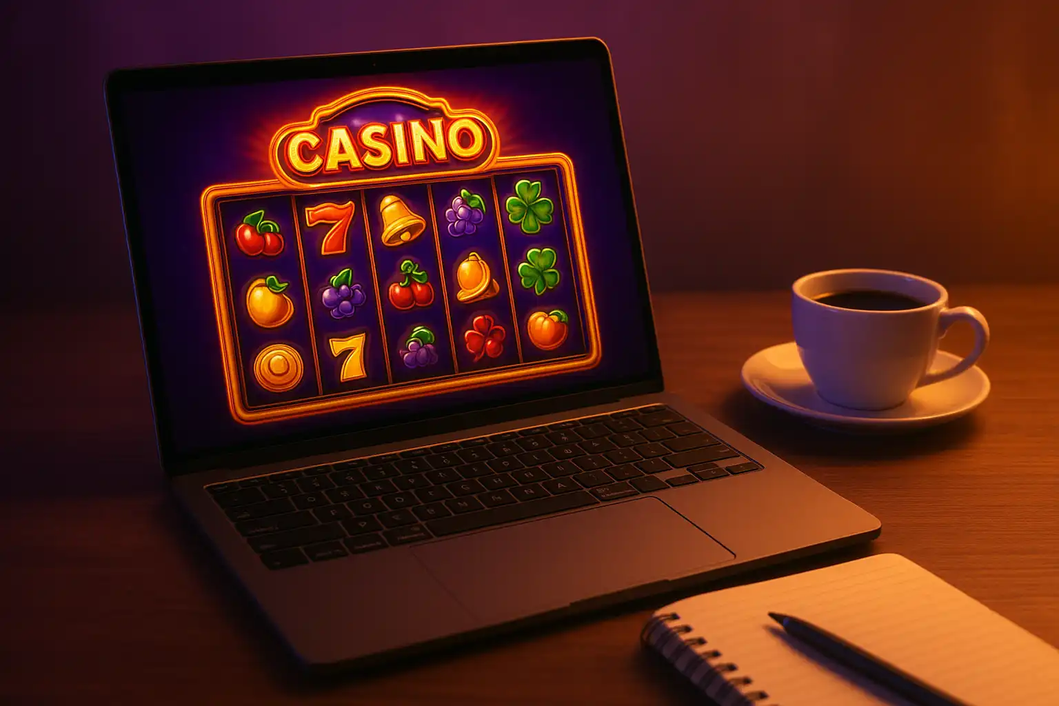 Reviewer's desk with a laptop showing casino game graphics and a notepad
