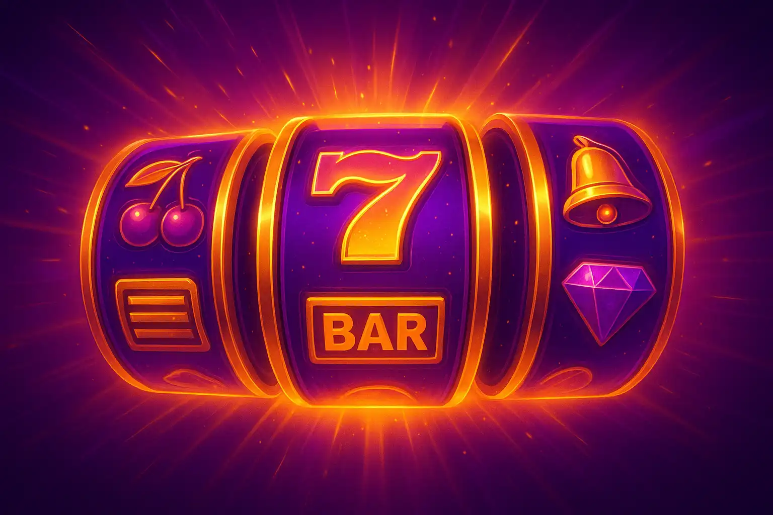 Colourful online slot machine reels glowing in purple and gold